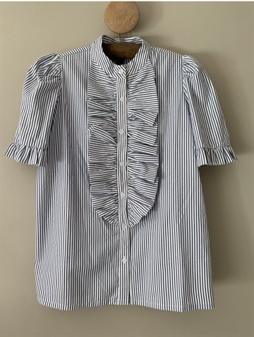 Design By Laerke The Queen Ruffle Kortærmet Shirt stribe mørk blå / hvid smal